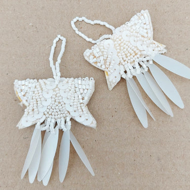 White Handmade Beaded Tassels With Long Sequins, Sequin Latkan, Beaded Latkans